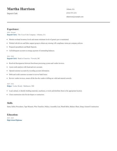 Deposit Clerk Resume