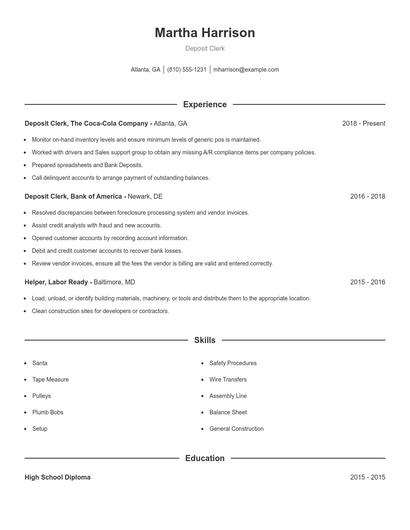 Deposit Clerk Resume