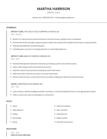 Deposit Clerk Resume