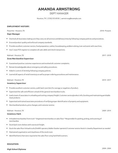 Dept Manager Resume