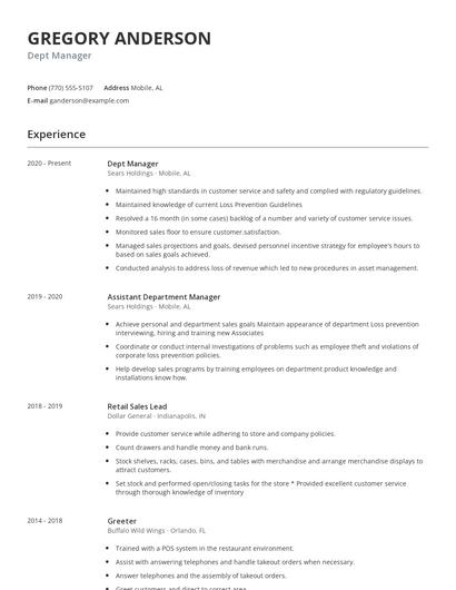 Dept Manager Resume