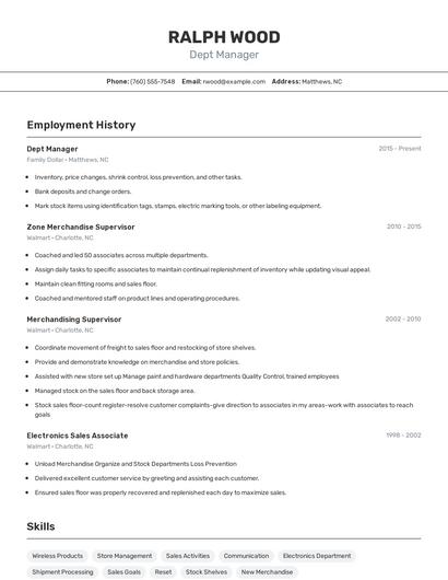 Dept Manager Resume