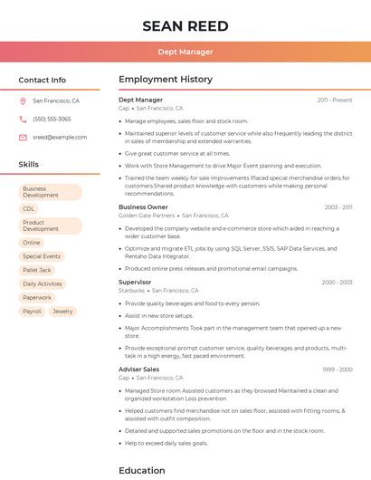 Dept Manager Resume