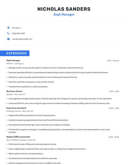 Dept Manager Resume