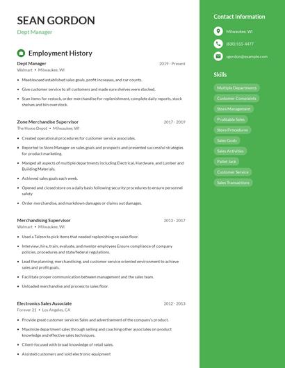 Dept Manager Resume