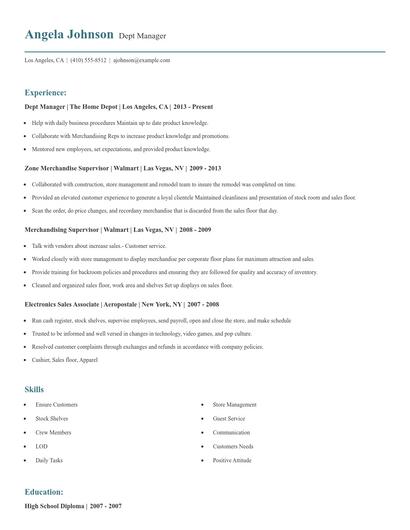 Dept Manager Resume