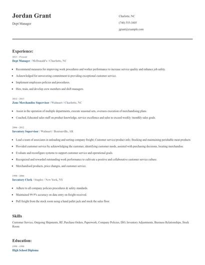 Dept Manager Resume