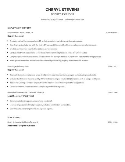 Deputy Assessor Resume
