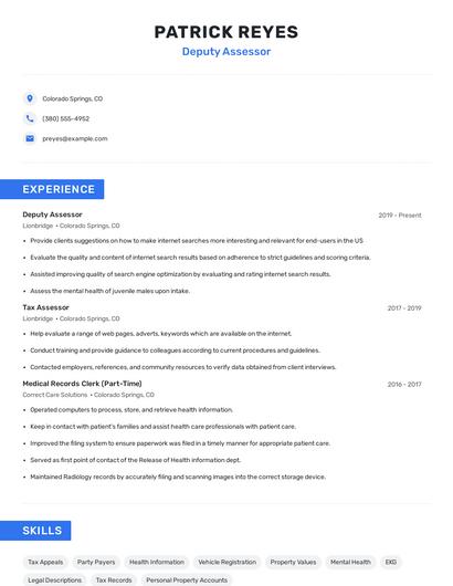 Deputy Assessor Resume