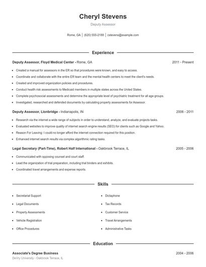 Deputy Assessor Resume