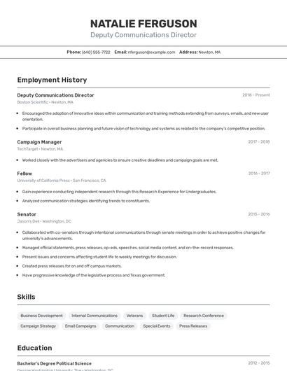 Deputy Communications Director Resume
