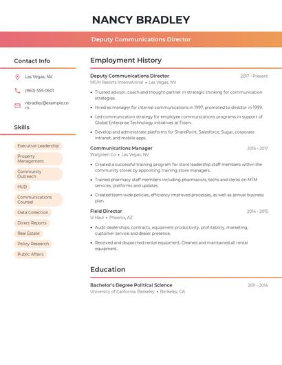 Deputy Communications Director Resume