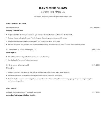 Deputy Fire Marshal Resume