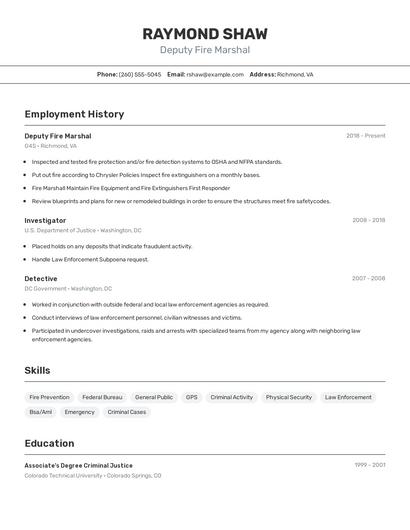 Deputy Fire Marshal Resume