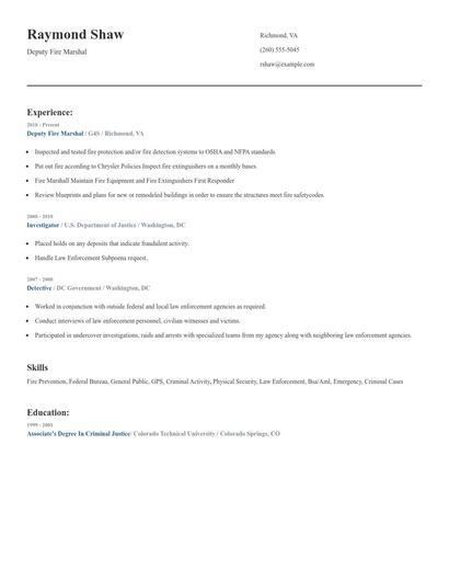 Deputy Fire Marshal Resume