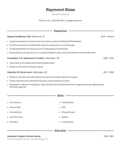 Deputy Fire Marshal Resume