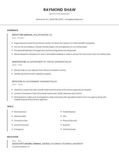 Deputy Fire Marshal Resume