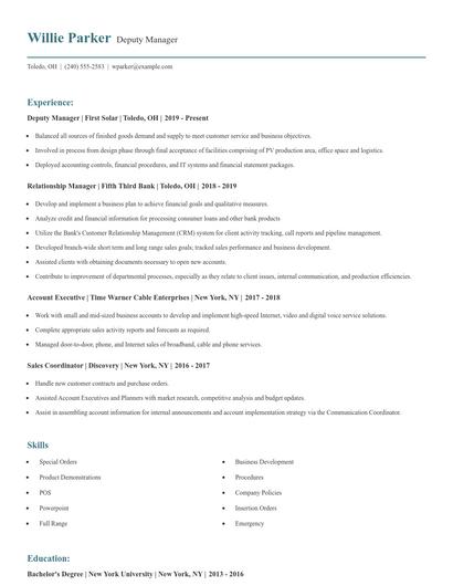 Deputy Manager Resume