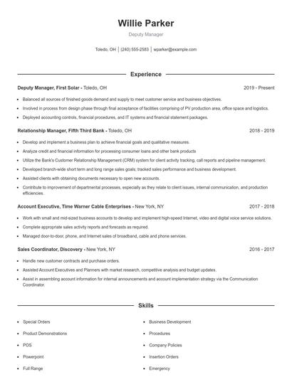 Deputy Manager Resume