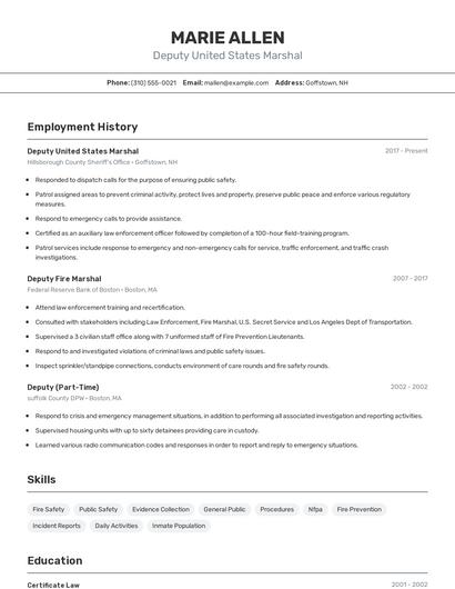 Deputy United States Marshal Resume