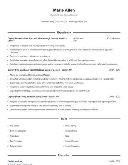 Deputy United States Marshal Resume