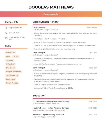 Dermatologist Resume