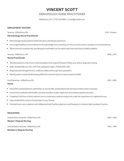 Dermatology Nurse Practitioner Resume