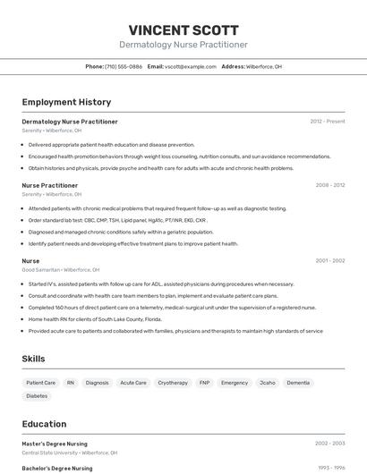 Dermatology Nurse Practitioner Resume