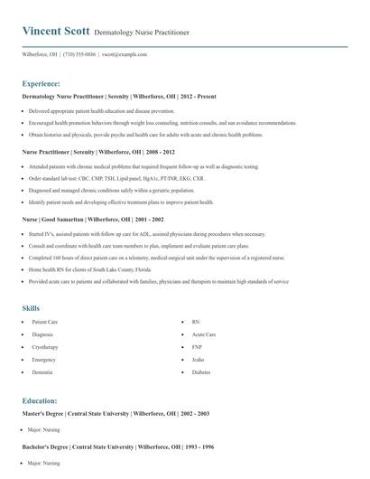 Dermatology Nurse Practitioner Resume