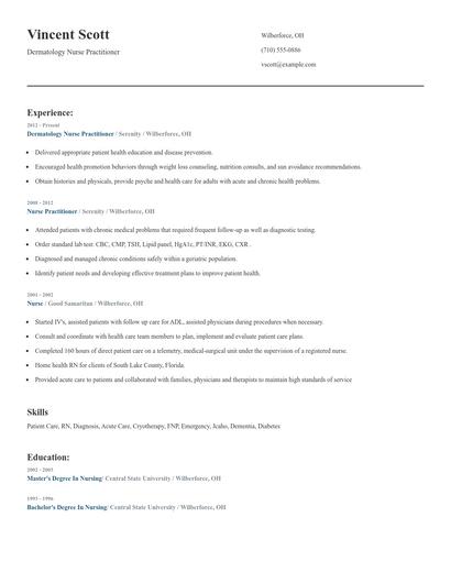 Dermatology Nurse Practitioner Resume