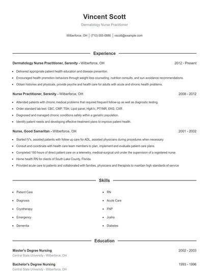 Dermatology Nurse Practitioner Resume