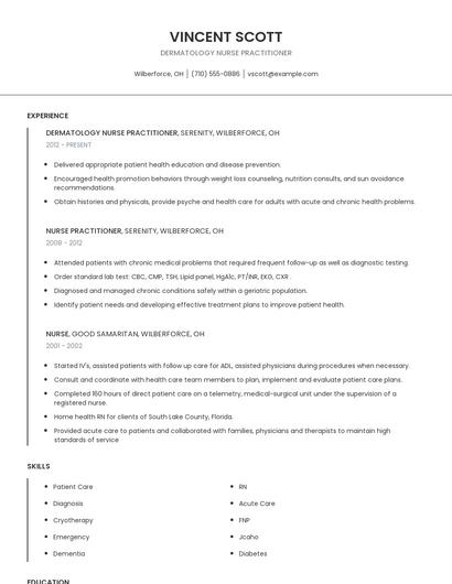 Dermatology Nurse Practitioner Resume