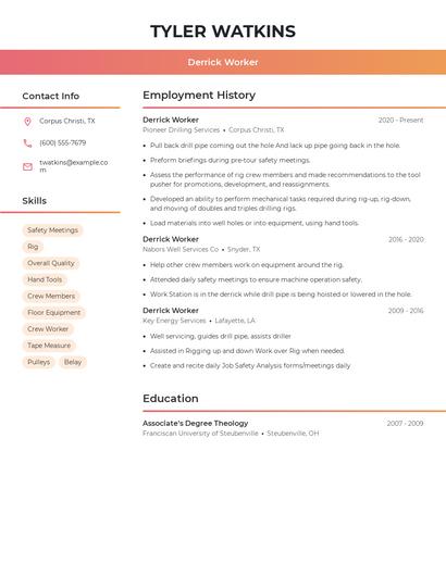 Derrick Worker Resume
