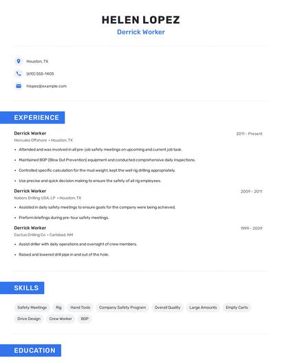 Derrick Worker Resume