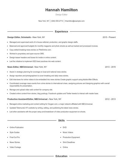 Design Editor Resume