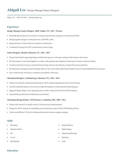 Design Manager/Senior Designer Resume