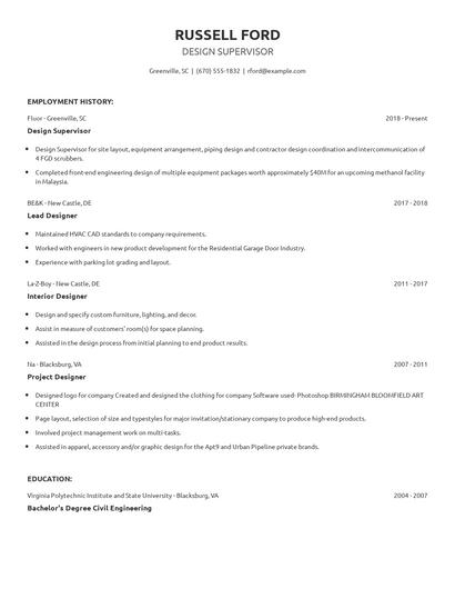 Design Supervisor Resume