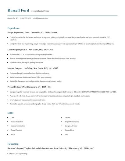 Design Supervisor Resume