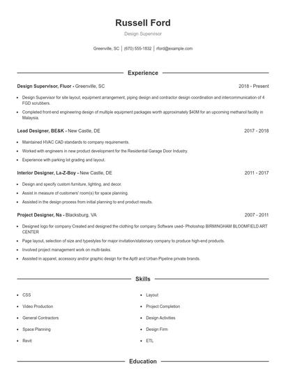 Design Supervisor Resume