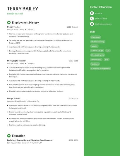 Design Teacher Resume