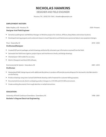 Designer And Field Engineer Resume