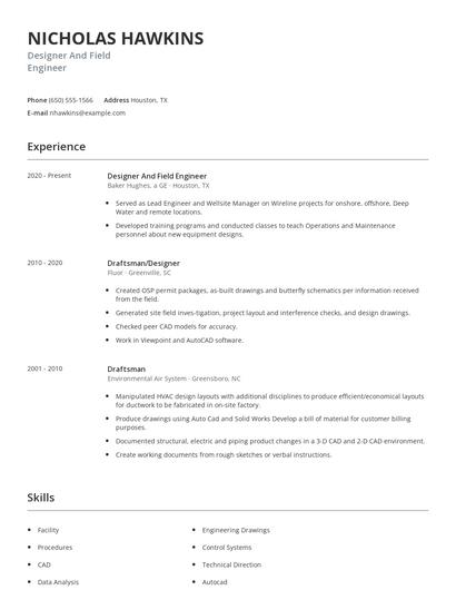 Designer And Field Engineer Resume