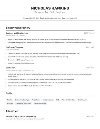 Designer And Field Engineer Resume