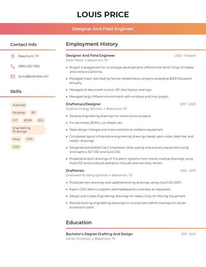 Designer And Field Engineer Resume