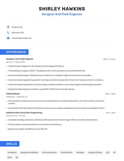 Designer And Field Engineer Resume