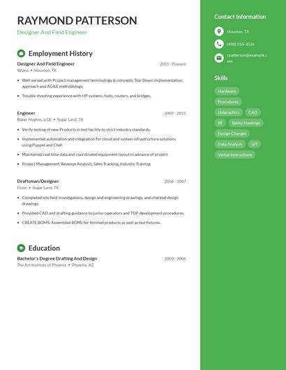 Designer And Field Engineer Resume