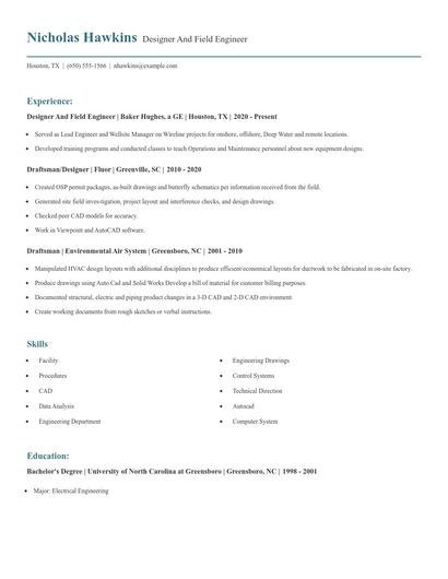 Designer And Field Engineer Resume