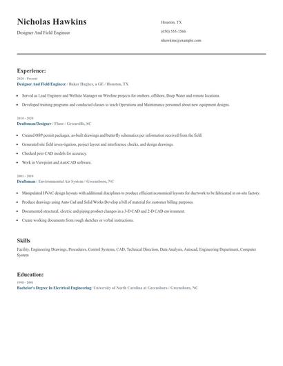 Designer And Field Engineer Resume