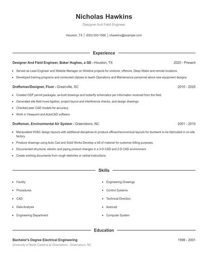 Designer And Field Engineer Resume