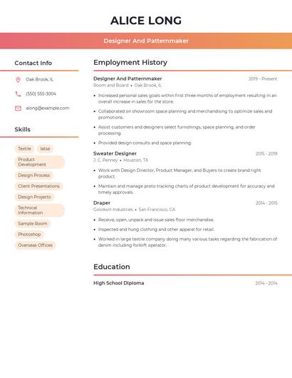 Designer And Patternmaker Resume
